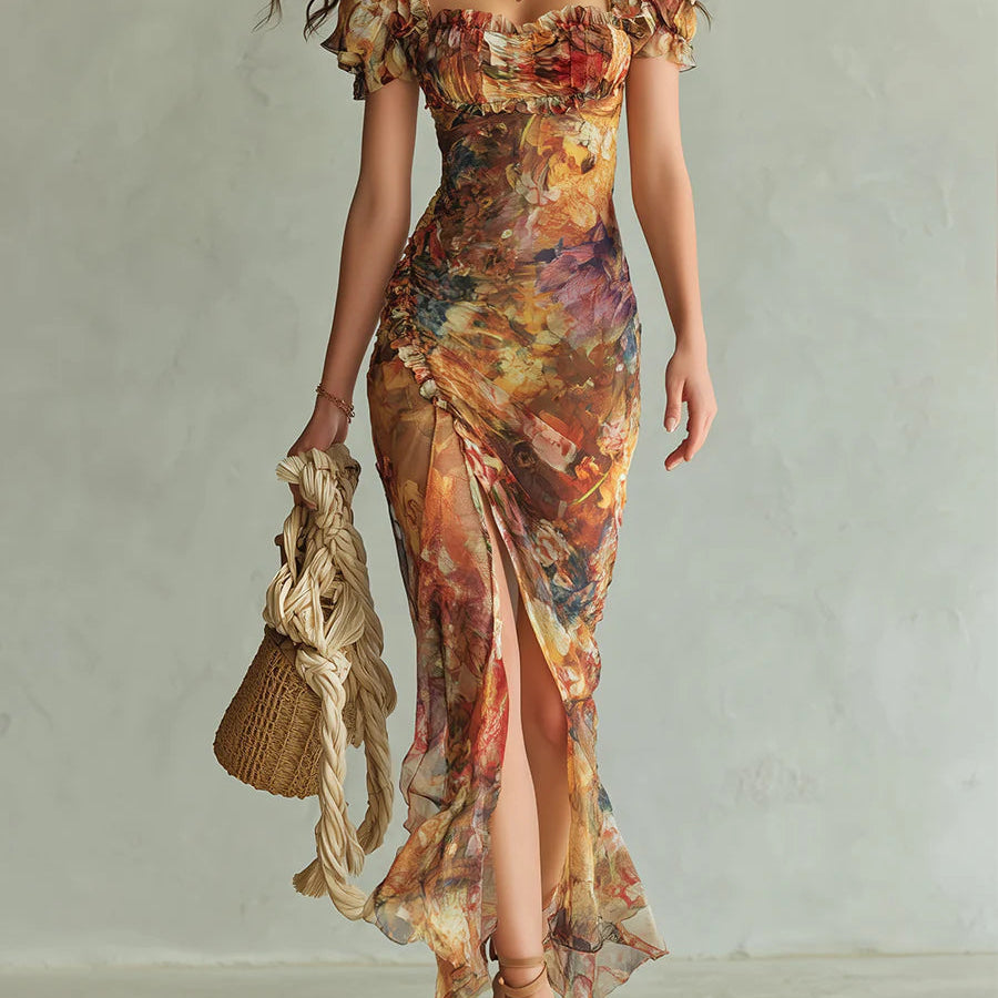 Marilou - Long orange chiffon dress with bohemian-style oil painting print