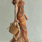 Marilou - Long orange chiffon dress with bohemian-style oil painting print