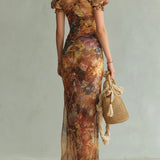 Marilou - Long orange chiffon dress with bohemian-style oil painting print