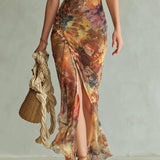 Marilou - Long orange chiffon dress with bohemian-style oil painting print