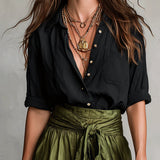 Maya - Two-Piece Set: Black T-Shirt and Olive Green Midi Skirt