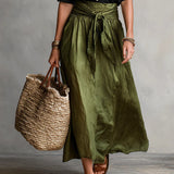 Maya - Two-Piece Set: Black T-Shirt and Olive Green Midi Skirt