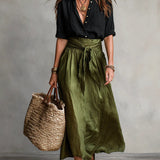 Maya - Two-Piece Set: Black T-Shirt and Olive Green Midi Skirt