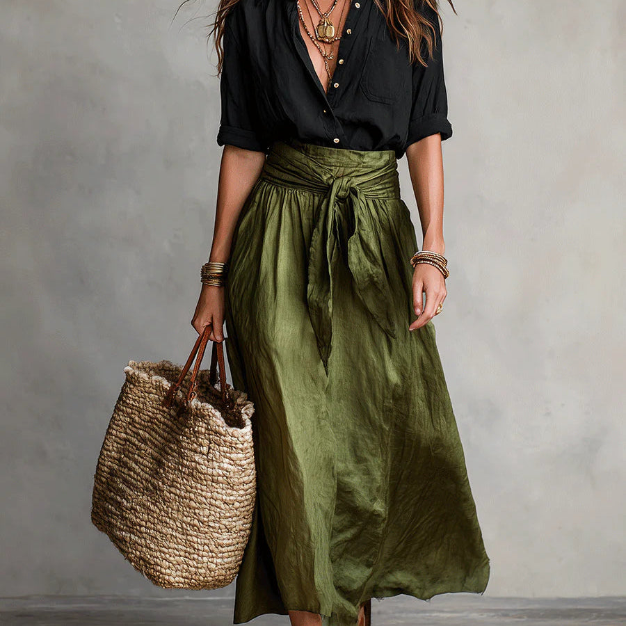 Maya - Two-Piece Set: Black T-Shirt and Olive Green Midi Skirt