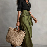 Maya - Two-Piece Set: Black T-Shirt and Olive Green Midi Skirt