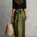 Maya - Two-Piece Set: Black T-Shirt and Olive Green Midi Skirt