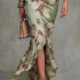 Kate - Asymmetrical long dress in green satin with V-neck, flared puff sleeves, and floral pattern