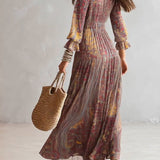 Maëva - Paisley Print V-neck Gathered Chiffon Maxi Dress