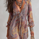 Maëva - Paisley Print V-neck Gathered Chiffon Maxi Dress