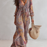 Maëva - Paisley Print V-neck Gathered Chiffon Maxi Dress