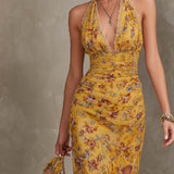 Mia - Ginger Yellow Floral Halter Neck Fitted Waist Chiffon Midi Dress