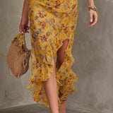 Mia - Ginger Yellow Floral Halter Neck Fitted Waist Chiffon Midi Dress