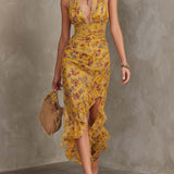 Mia - Ginger Yellow Floral Halter Neck Fitted Waist Chiffon Midi Dress