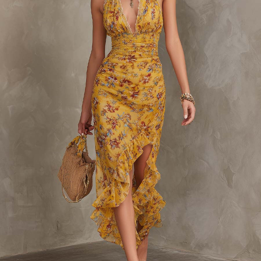Mia - Ginger Yellow Floral Halter Neck Fitted Waist Chiffon Midi Dress