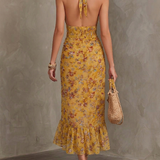 Mia - Ginger Yellow Floral Halter Neck Fitted Waist Chiffon Midi Dress