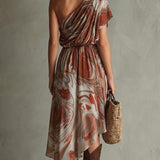 Monique - Boho One-shoulder Irregular Marble Abstract Print Chiffon Midi Dress