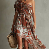 Monique - Boho One-shoulder Irregular Marble Abstract Print Chiffon Midi Dress
