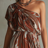 Monique - Boho One-shoulder Irregular Marble Abstract Print Chiffon Midi Dress