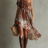 Monique - Boho One-shoulder Irregular Marble Abstract Print Chiffon Midi Dress