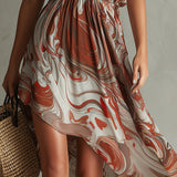 Monique - Boho One-shoulder Irregular Marble Abstract Print Chiffon Midi Dress