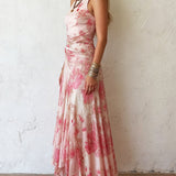 Pauline - Pink Floral Chiffon Pleated Print Sleeveless Midi Dress