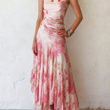 Pauline - Pink Floral Chiffon Pleated Print Sleeveless Midi Dress