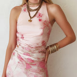 Pauline - Pink Floral Chiffon Pleated Print Sleeveless Midi Dress