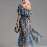 Stéphanie - Long chiffon dress with leopard print and bare shoulders