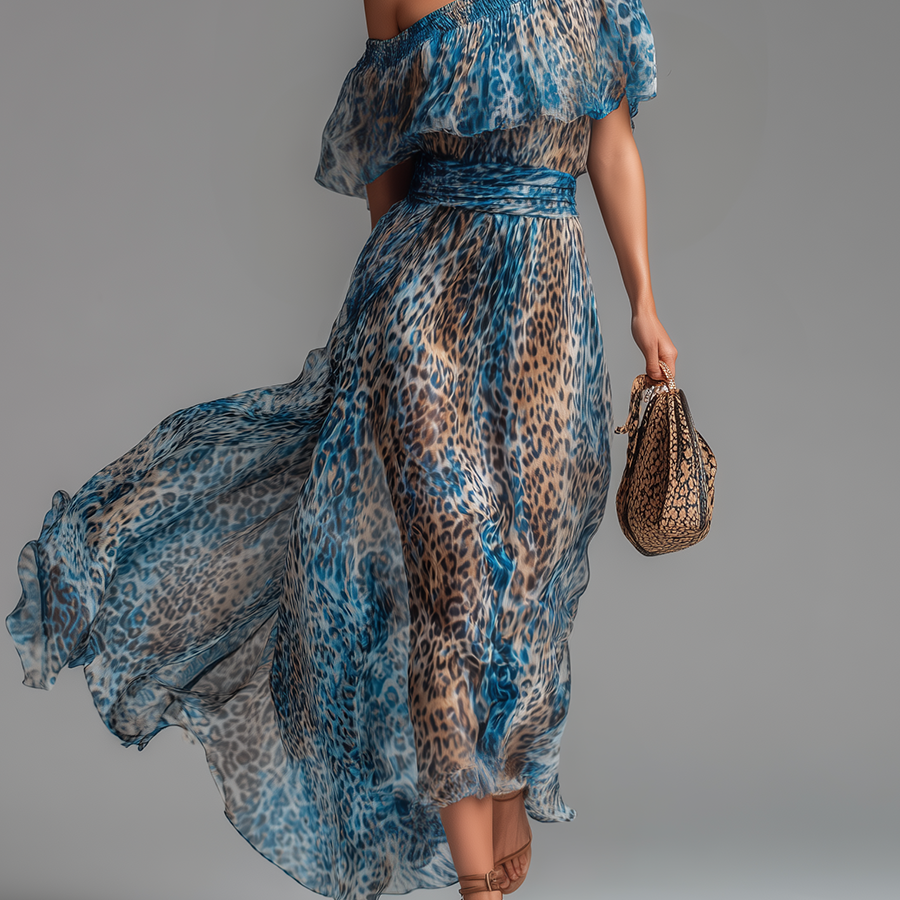 Stéphanie - Long chiffon dress with leopard print and bare shoulders