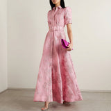Nora - Long Dress in Floral Jacquard with Belt
