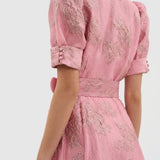 Nora - Long Dress in Floral Jacquard with Belt