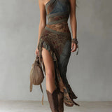 Rebecca - Asymmetrical long dress with ethnic print and side slit