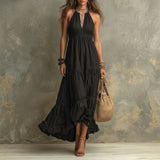 Monica - Black Bohemian High-necked Ruffled Lace Maxi Dress