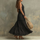 Monica - Black Bohemian High-necked Ruffled Lace Maxi Dress