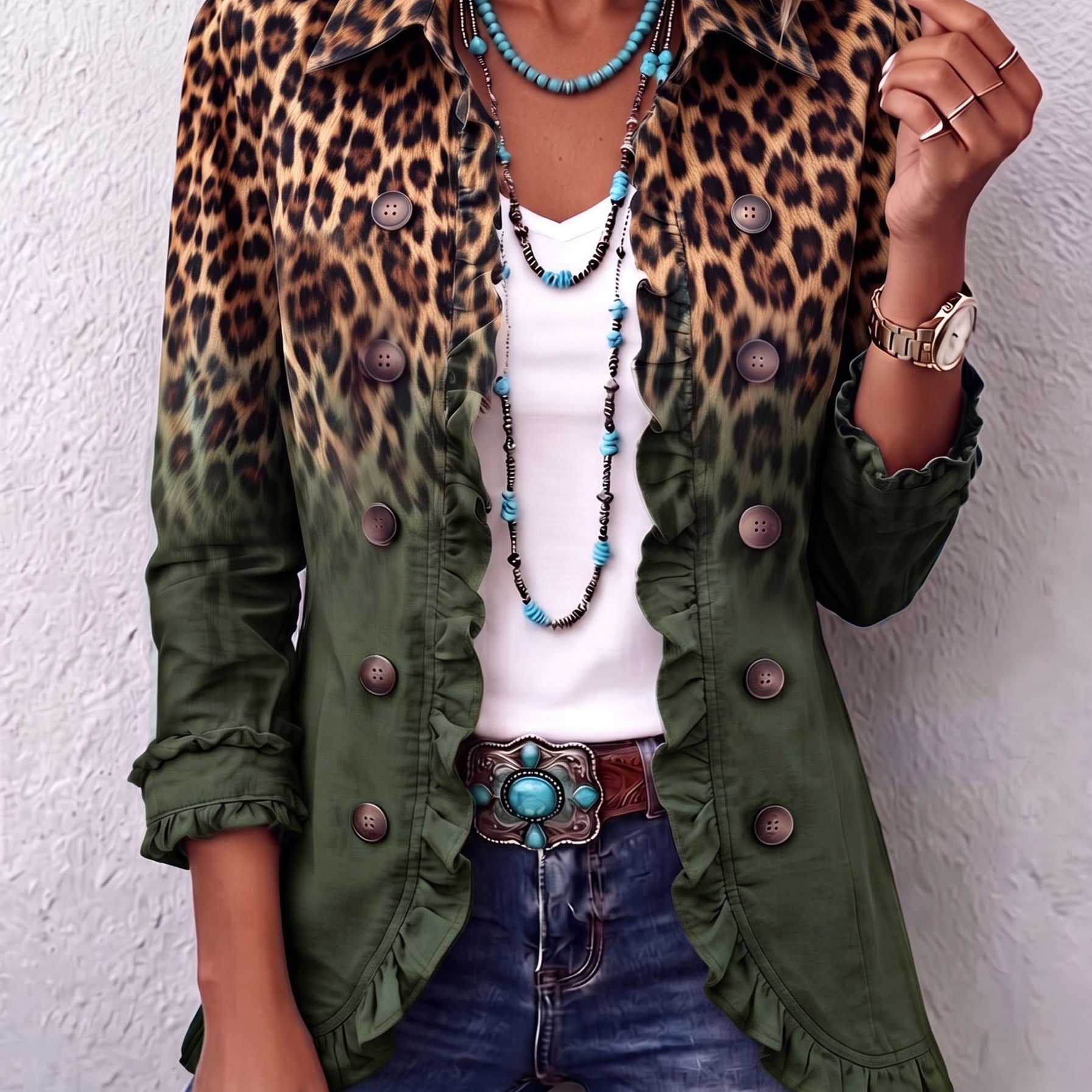 Emma | Leopard Ombre Ruffle Blazer Jacket