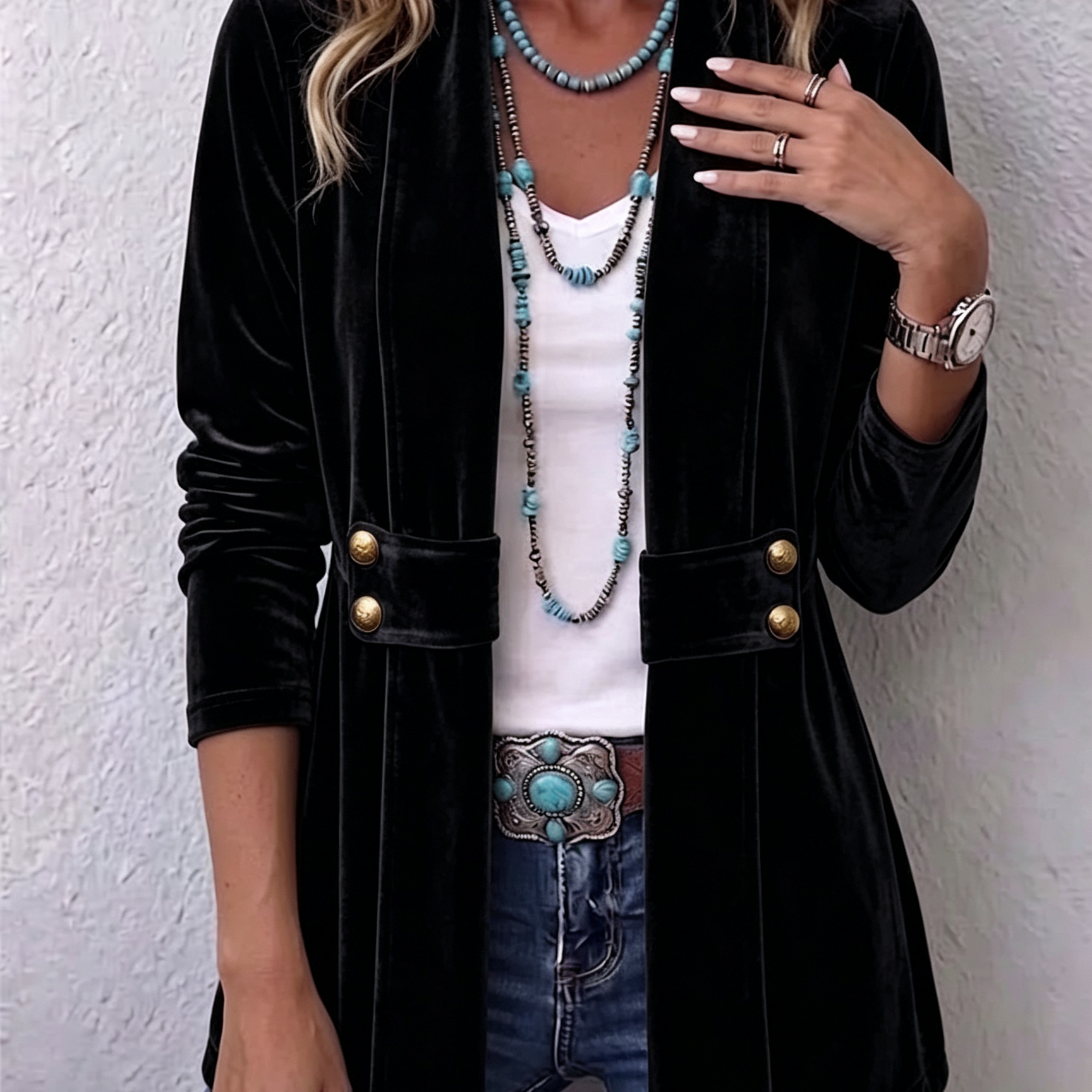 Avery | Vintage Lapel Button-Accent Long Sleeve Open Front Jacket
