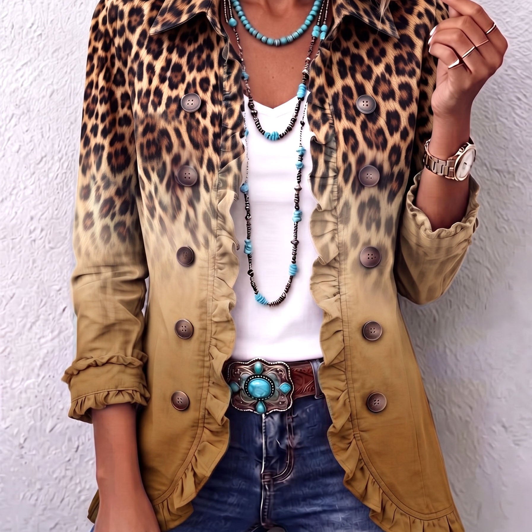 Emma | Leopard Ombre Ruffle Blazer Jacket